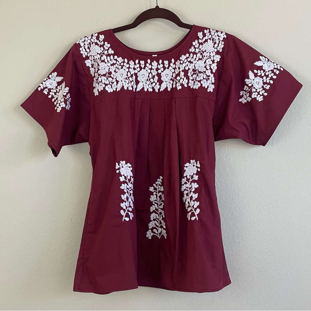 Spirit Dress Floral Mexican Embroidery‎ Short Sleeve Blouse Size Small